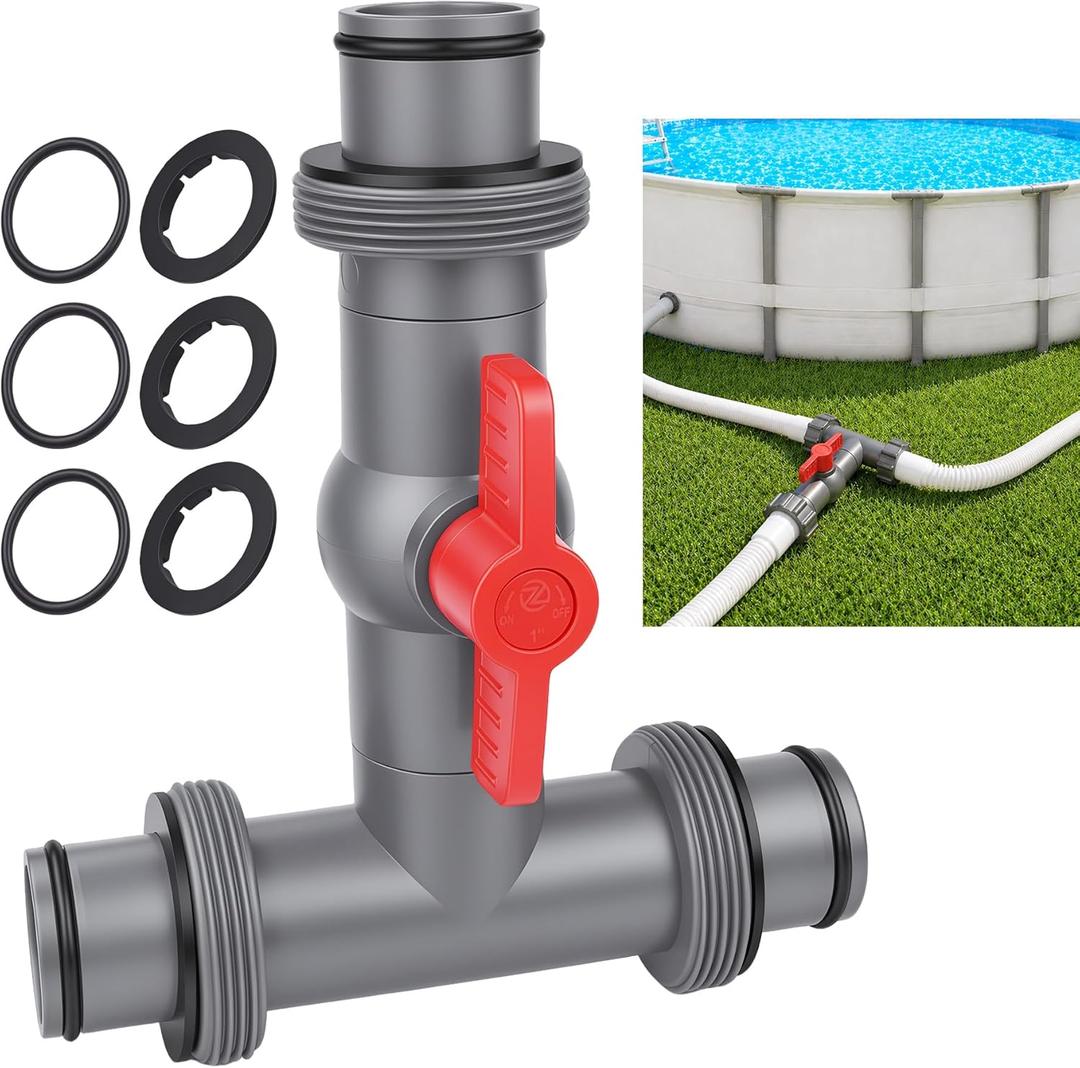 Pool Hose Connector with Valve,1.5" T-Joint Pool Hose Adapter Valve for Leak-Proof Dual Seal and Control Water Flow, Durable PP Material, Easy No-Tool Install for Above Ground Pools and Filter Pump