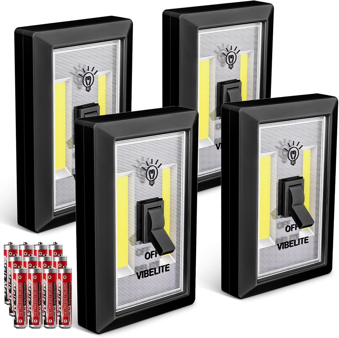 LED Night Light Switch, 12 Total Batteries Included, 200 Lumen Wireless COB LED Switch Light, Under Cabinet, Shelf, Closet, Garage, Kitchen, Stairwell and Emergency, Battery Operated, 4 Pack Black
