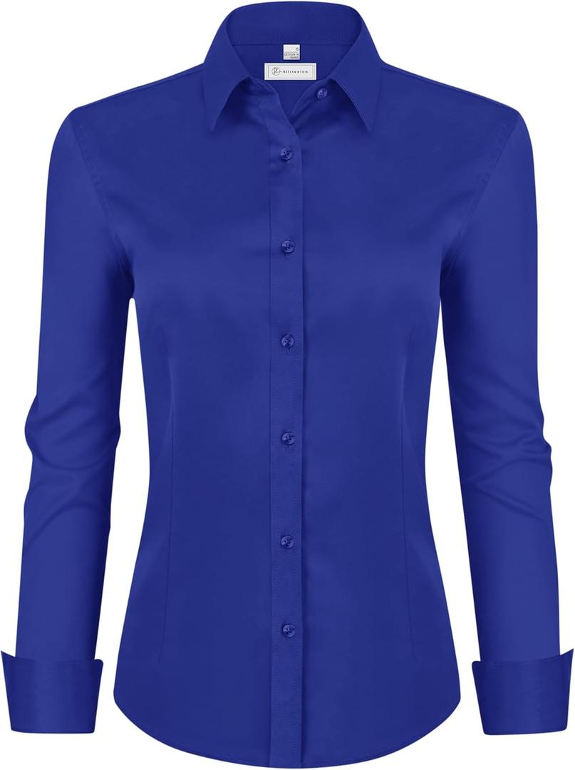 Siliteelon Womens Classic-Fit Dress Shirts Long Sleeve Button Down Wrinkle-Free Stretch Solid Casual Work Office Blouse Top (3X-Large, Royal Blue)