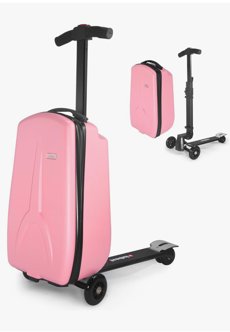 iubest Luggage Carry On Scooter Suitcase for Kids Age 4-15, Detachable & Foldable 4 in 1 Suitcase, Multifunctional Ride On Travel Trolley Scooter Combo-Pink