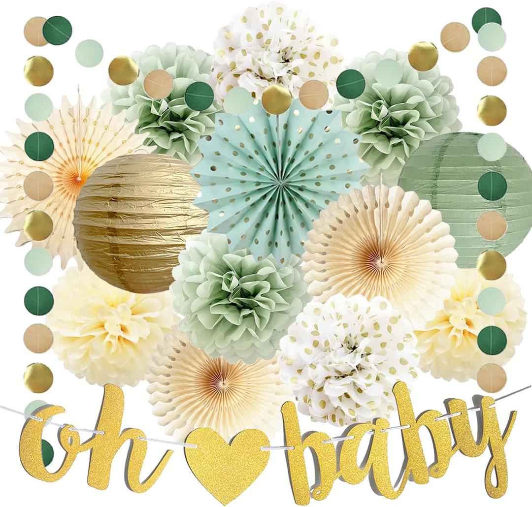 Sage Green Baby Shower Decorations Oh Baby Banner Tissue Paper Pom Poms Flowers Paper Fans Circle Dot Garland Neutral Party Supplies Boy Girl Gender Reveal Birthday Party Decorations