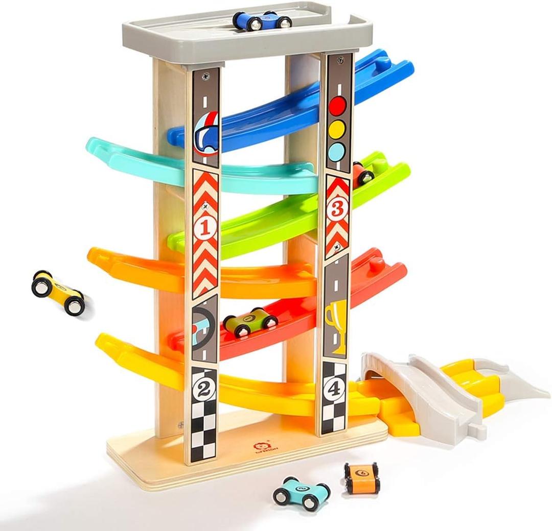 TOP Bright Wooden Race Track Car Ramp Toys for Toddlers 1-3 Years Old with 6 Mini Cars, 1 Car Garage & Extra Bridges, Toddler Montessori Toys for 1 Year Old Boys Girls Birthday