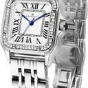FORSINING Classic Square Watches for Women with Crystal Accents and Stainless Steel, Roman Numerals Ladies Casual Dress Watch (Silver)