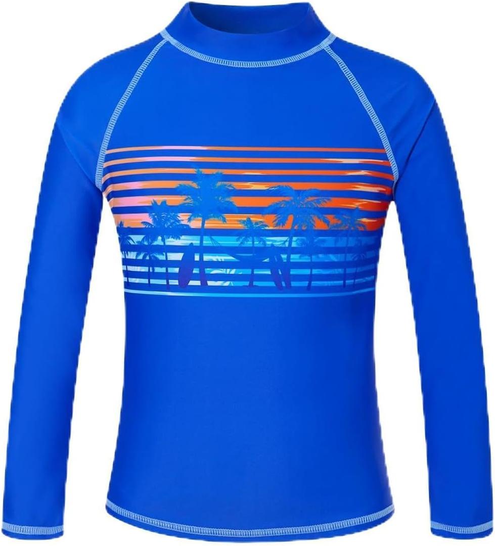 UNIFACO UPF 50+ Little Boys Long Sleeve Rash Guard Swim Shirt Premium Sun Shirt for 1-8 Years (6-7 Years, A-royal Blue With Sunset Palm)