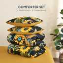Wake In Cloud - Boho Comforter Set, Floral Farmhouse Bohemian Chic Style with Colorful Sunflowers and Birds Pattern, Soft Lightweight Bedding, 3 Pieces, Amber Black, Queen Size