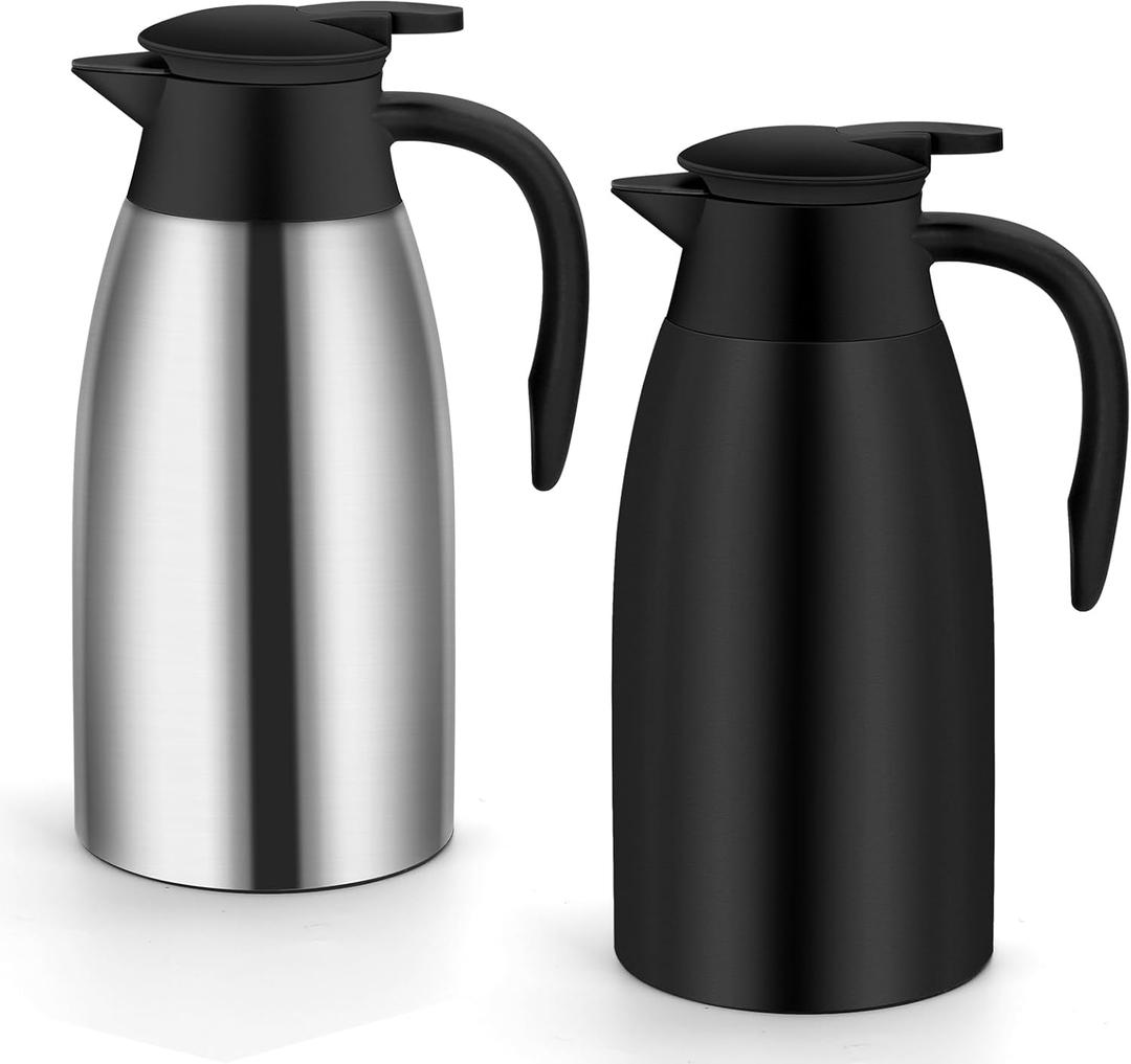 70oz Thermal Coffee Carafe Insulated Coffee Thermo,2 Pack Stainless Steel Thermo Pitcher,Double Walled Vacuum Insulation Coffee Carafes For Keeping Hot,Tea Water Hot Beverage Dispenser (Silver&Black)