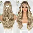 Ash Blonde Lace Front Wig 13x4 Pre Plucked Omber Long Synthetic Wig for Women Body Wave 150% Density Heat Resistant Hair 26 Inch Daily Party Use