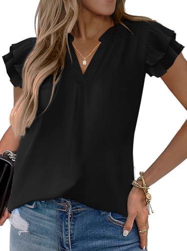 Sucolan Women's Summer Tops Dressy Casual Notch V Neck Ruffle Short Sleeve Flowy Shirts Cute Blouses Tops Size S