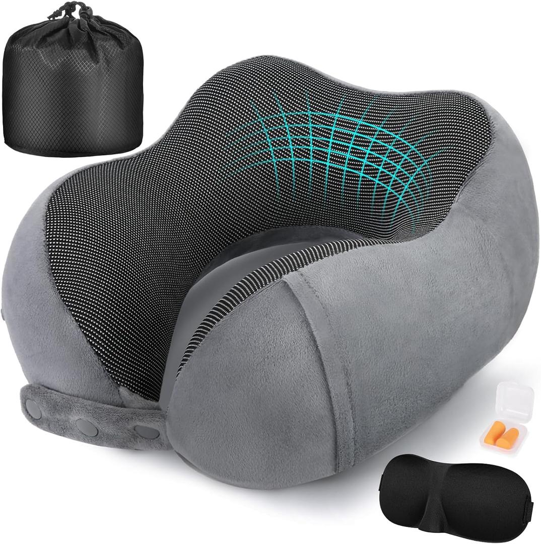 Cirorld Neck Pillow for Traveling, Travel Pillows for Airplanes,100% Pure Memory Foam Travel Neck Pillow, Adjustable Flight Pillow, Portable Plane Accessories with Eye Mask, Earplugs, Carry Bag, Standard