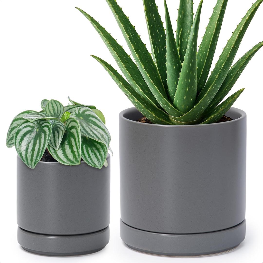 D'vine Dev 4.7 Inch & 6.5 Inch Ceramic Planter Pots for Plants with Drainage Hole and Saucer, Small Plant Pots Set, Speckled Grey, 94-G-S-3