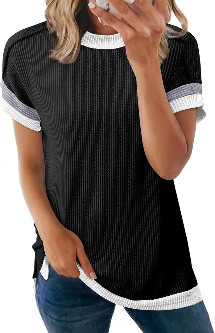 Acelitt Women Casual Short Sleeve Crewneck Loose Color Block Ribbed T Shirts Tops, S-XXL (XX-Large, Black)