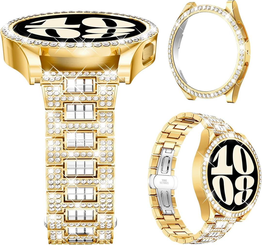 Mosonio Band ONLY Compatible with Samsung Galaxy Watch 6 40mm / 44mm, 20mm Bling Metal Galaxy Watch 6 Band with Bling Protective Cover Case for Women, Bling galaxy watch 6 Replacement Strap for Daily wear (Color & Size Optional (Galaxy Watch 6 44mm, S-Gold)