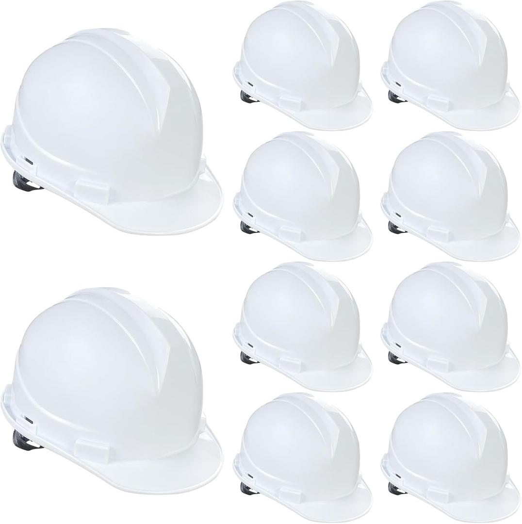 10 Pieces Suspension Hard Hat Construction Hard Hats Bulk for Safety Ratchet Cap Style with Self Adjusting Crown Straps for Men Women (White)