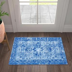RoomTalks Boho Blue Washable Rug Thin Indoor Doormat 2x3 Entryway Entrance Small Rugs Non Slip Stain Resistant, Vintage Distressed Medallion Area Rugs Throw Carpet for Bathroom Laundry Kitchen