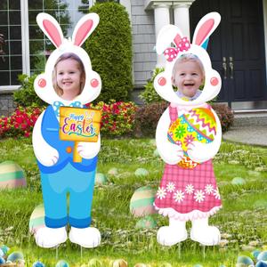 Capoda 2 Pcs Happy Easter Face Yard Signs Decorations Cute Bunny Egg Yard Sign with Stake Photo Props for Spring Easter Egg Hunt Party Supplies Patio Lawn Garden Outdoor Decor