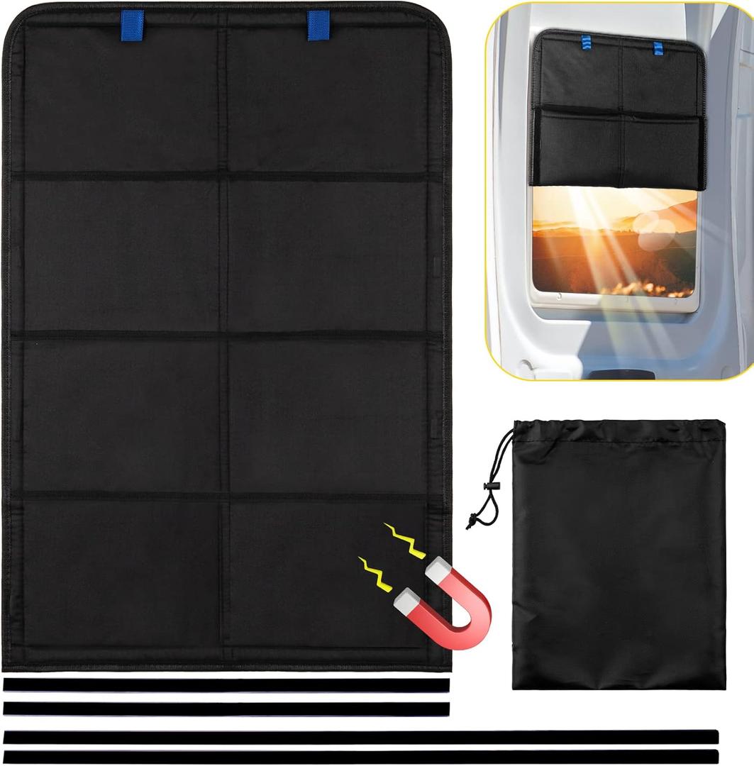 RV Door Window Shade, 27 x 18 Inch Foldable Magnet RV Blackout Window Cover, Winnebago Itasca Sunova Class A Rv Enter Door Window Cover, UV Rays Protection Waterproof Oxford (Black)