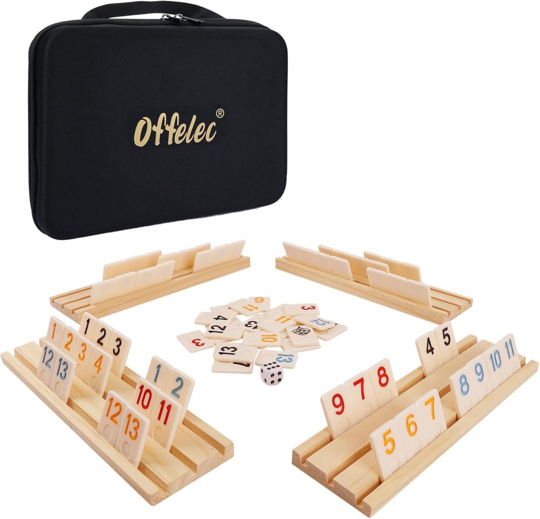 Upgraded Rummy Cube Game Set & 4 Wooden Racks, 106 Large Number Rummy Tiles and Portable Case, Classic Rummy Games for 2-4 Players, Travel & Family Board Game for Adults, Kids & Parties, Great Gifts