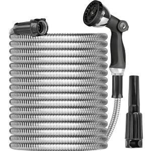Metal Garden Hose Water Hose 100ft Heavy Duty Stainless Steel Water Pipe with Sprayer & Nozzle Flexible Lightweight Hose No Kink Pet Proof Hose for Yard, Outdoors, Rv