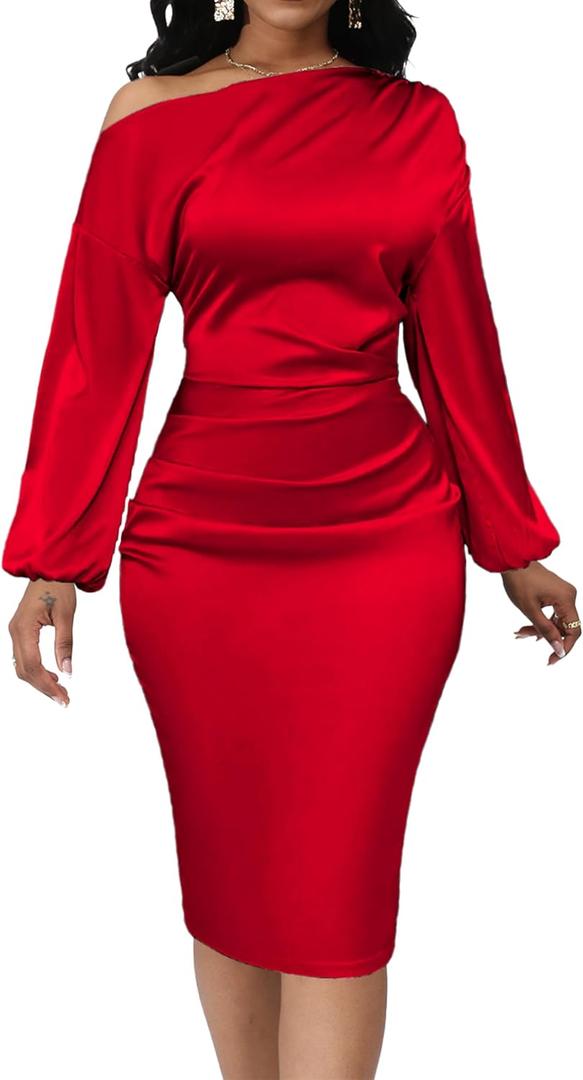 Yiershu Women's Sexy Fall Off Shoulder Bodycon Dress Elegant Long Sleeve Formal Cocktail Party Midi Maxi Dresses (Large, Red)