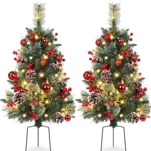 Set of 2 Outdoor Pathway Christmas Trees with Lights, 30in Prelit Battery Operated Artificial Xmas Tree Holiday Dcor for Porch, Urn & Planter Filler, Red Berries, Pine Cones, Ball Ornaments
