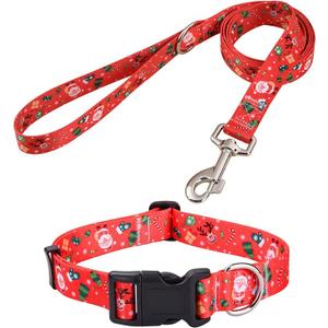 Christmas Dog Collar and Leash Set - Premium Adjustable Dog Collar for Small Medium Large Dogs (Christmas Set,M)