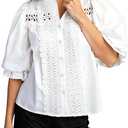 Esmeling Women Lace Embroidered Eyelet Top Mock Neck Puff Ruffle Sleeve Shirt Hollow Out Button Down Blouse (White, L)