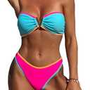 ZAFUL Women's Bandeau Bikini V Strapless Confetti Colorblock Tie Back High Cut Two Piece Swimsuit Bathing Suits, M