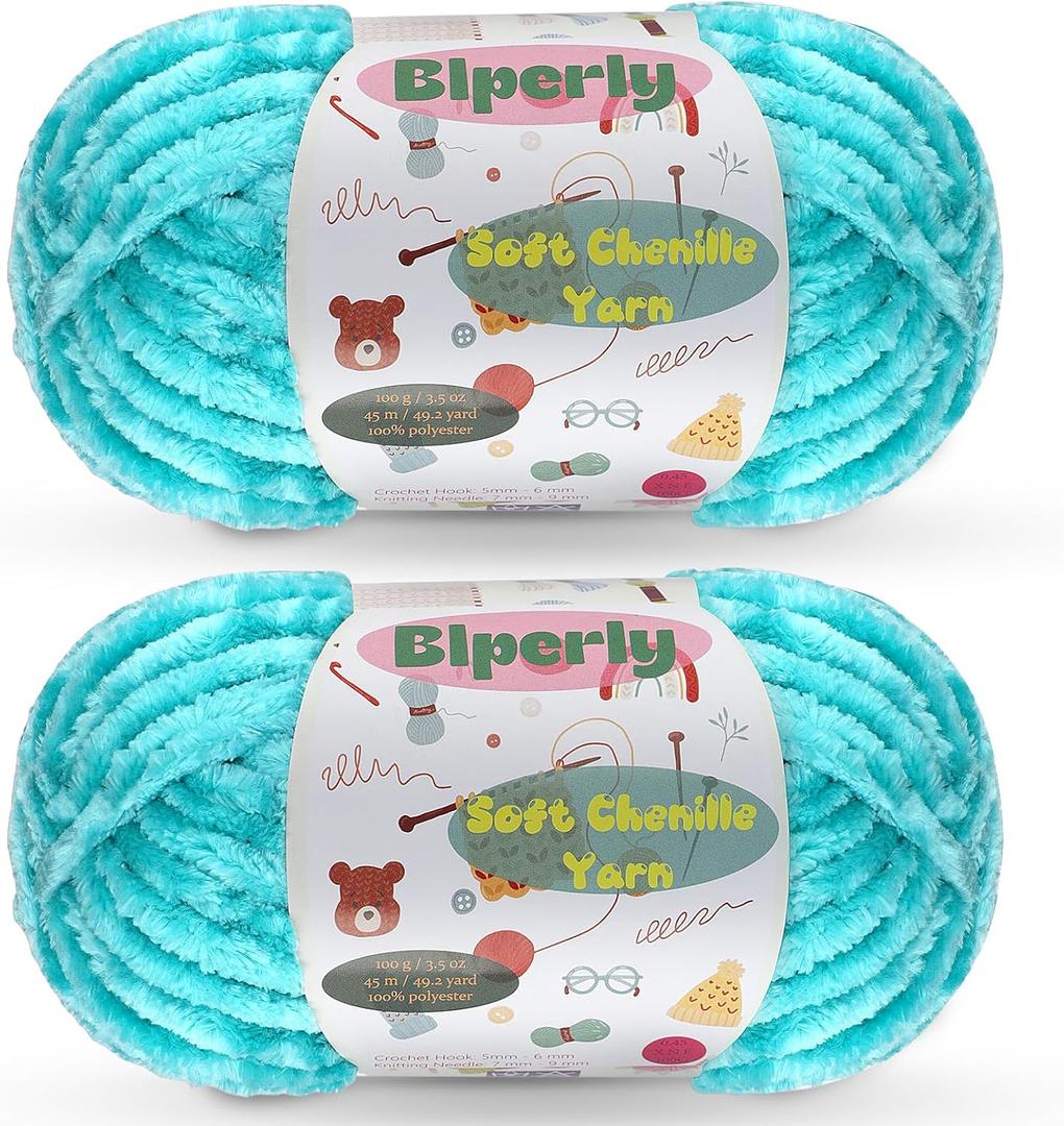 2 Skeins Fluffy Chenille Yarn for Crocheting - Chunky Velvet Yarn for Scarves Shawls, Baby Blankets, Hats Plush Toys, Plush Yarns Each Skein 49.2yd, 3.5oz (Lake Blue)