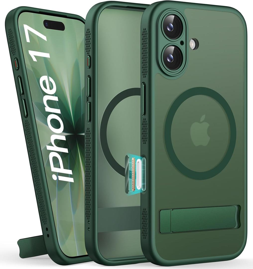 BXYJY for iPhone 17 Case Magnetic with Stand, Camera Control Button, Full Lens Protection, Compatible with MagSafe, Military Grade Protection, Translucent Matte Thin Hard Case for iPhone 17, Green