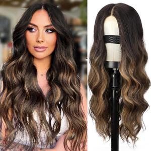 Ombre Brown Wig for Women Long Wavy 4x1 Lace Natural Hairline Glueless for Beginners Middle Part Synthetic for Daily Party Use 26 Inch
