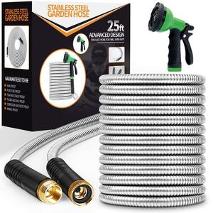 Garden Hose 25ft, Stainless Steel Heavy Duty Water Hose with 10 Function Nozzle Flexible, Lightweight, No-Kink, Pet Proof, Puncture Proof Metal Hose for Yard, Outdoor