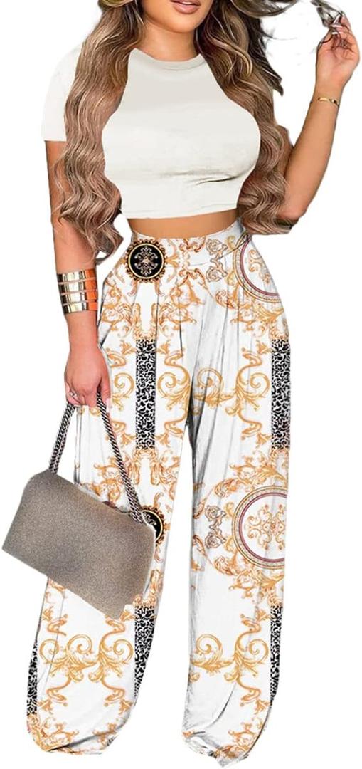 2 Piece Outfits for Women Short Sleeve Crop Top High Waist Wide Leg Long Pant Sets Tracksuit Sport Set (White, M)
