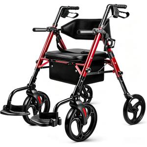 Foldable 2-in-1 Rollator Walker and Wheelchair Combo for Seniors with Seat, Heavy Duty Transport Chair 300 lbs Capacity, Lightweight, Anti-Tip Brakes, Adjustable Height 33.5"-40" (Red)