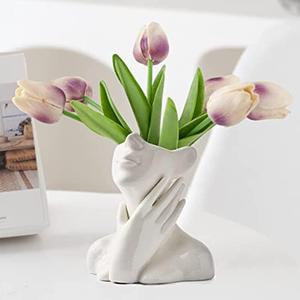 Ceramic Face Vase, White Flower Vases for Decor Female Form Head Half Body Vase Boho Unique Decorative Modern Style for Home Living Room Office Book Shelf (Medium)