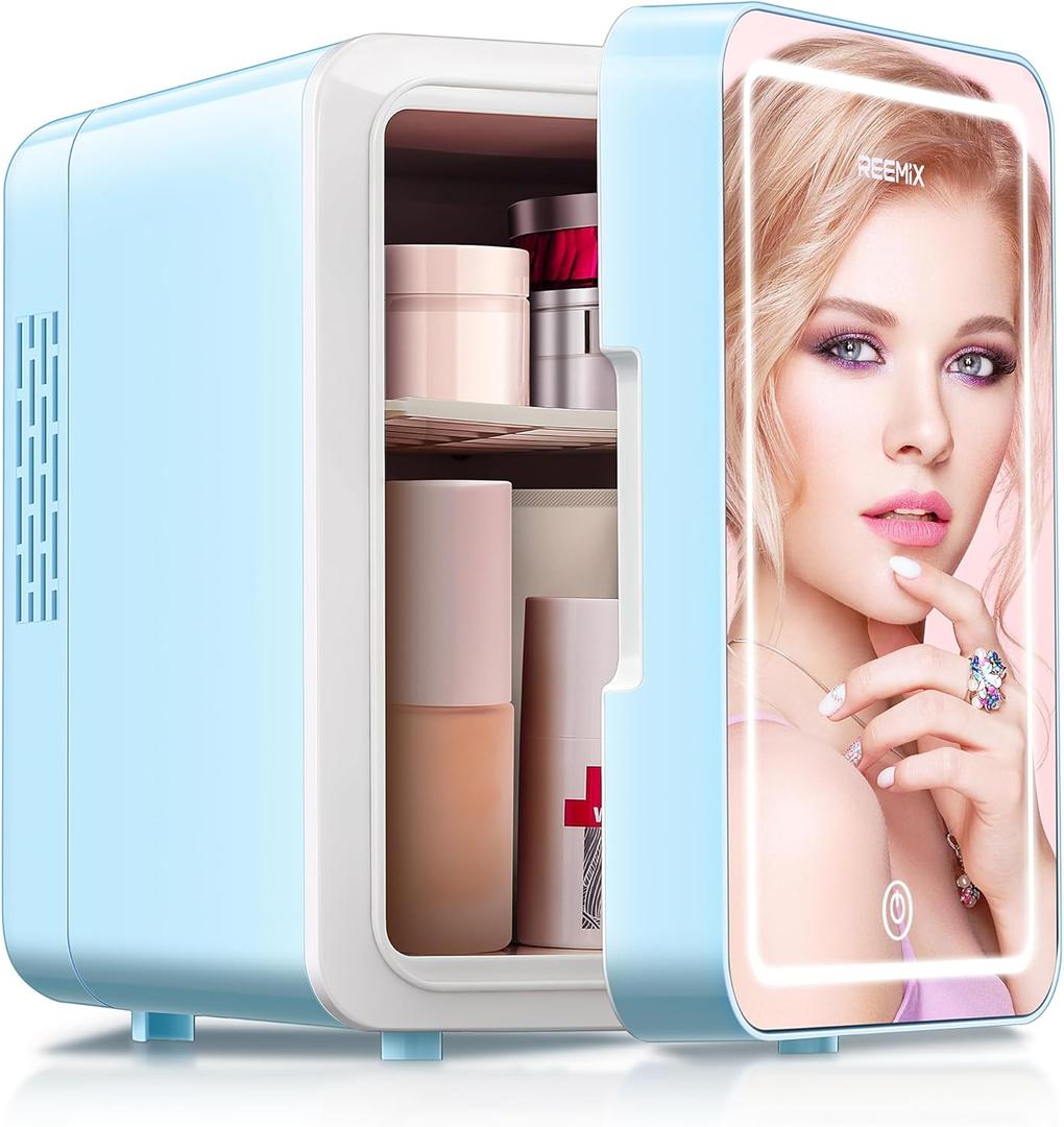 Skincare Fridge, 4L Makeup Mini Fridge With Dimmable LED Light Mirror for Bedroom, Car, Office & Dorm, Cooler & Warmer, Small Refrigerator for Cosmetics, Skin Care and Food (Mirror, Aqua)