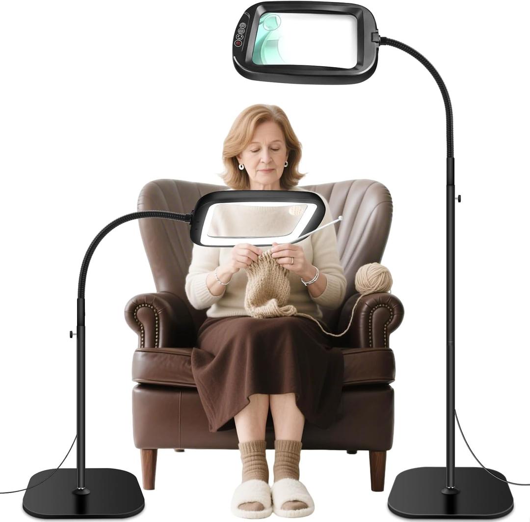 30X 10X Extra Large Floor Magnifying Glass with Light and Stand,60 LED Flexible Gooseneck Floor Magnifying Lamp with 5 Color Modes, 2-in-1 Lighted Magnifiers for Close Work, Sewing,Crafts, Painting