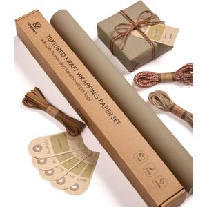 Vitalizart Textured Wrapping Paper Set 17" Roll Twine Ribbons & Tags Extra Thick All-in-One Neutral Tan Kraft Christmas Gift Wrap Birthday Baby Shower Wedding Crafts Vintage Minimalist Housewarming Flower Book