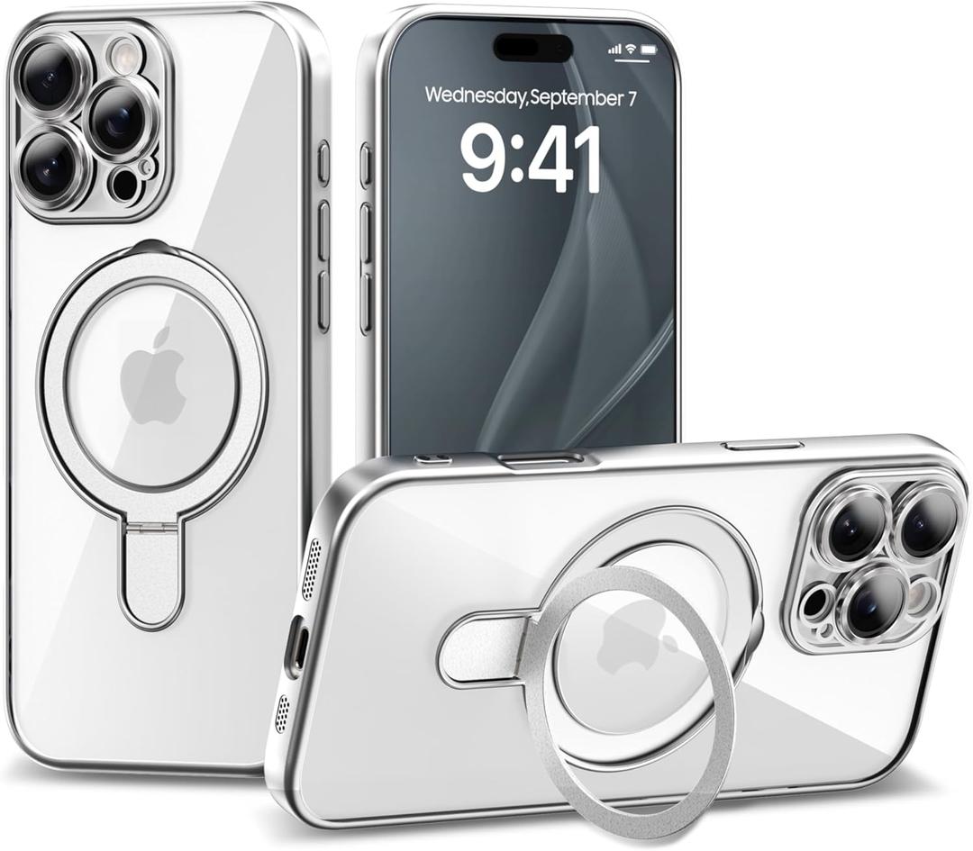 IAIYOXI Magnetic Invisible Stand for iPhone 16 Case 6.1" [Compatible with Magsafe], Full Body Protective Cover, Slim Clear Cover with Holder for Women Men Girls, Silver