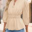 ZESICA Women's 2026 Fall Babydoll Peplum Tops V Neck Puff 3/4 Length Sleeve Shirts Dressy Casual Blouses (S)