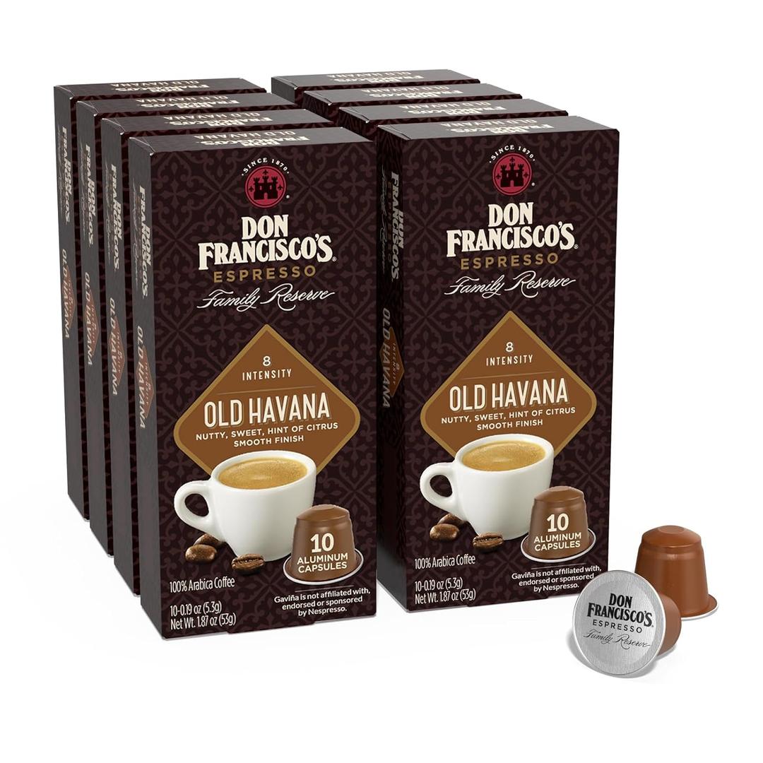 Don Francisco's Old Havana Espresso Pods: 80 Recyclable Aluminum Capsules, Intensity 8 Medium Dark Roast, Compatible with Nespresso Original Line - Bold Cuban-Style coffee with Nutty Notes (10 Count (Pack of 8)), Best By: 06/21/2025