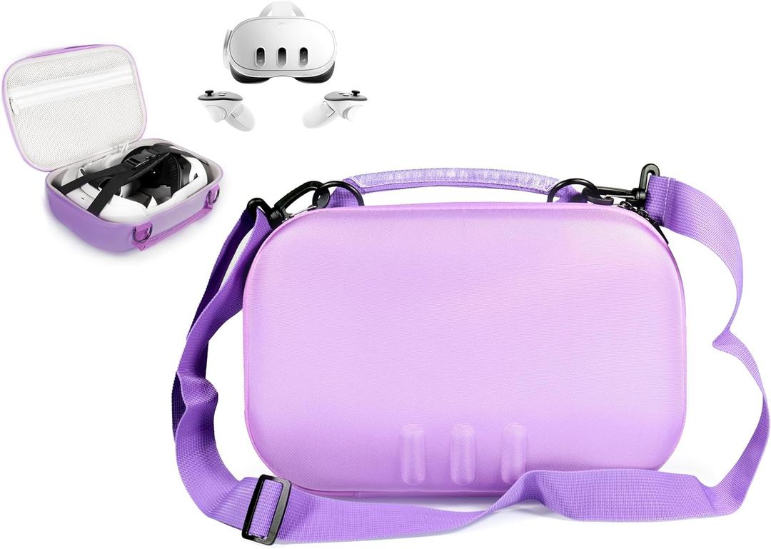 GETGEAR VR Headset Case for compatible with Meta Quest 3/ 3s, Portable travel organizer for VR and controllers with shoulder strap, also fits for Meta Quest 2, Oculus Quest 3, Vision Pro (Purple)
