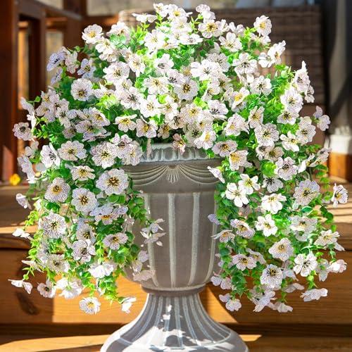 INSPRING Artificial Faux Outdoor Outside Flowers Plants, 2 PCS Fake Silk UV Resistant Look Real White Daisy Trailing Vines for Front Door Porch Planter Urn Patio Balcony Decoration