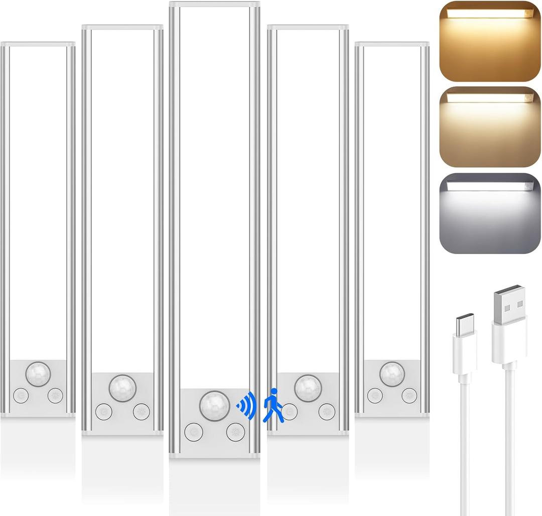 5-Pack Under Cabinet Lighting, 68LED 2000mAh Rechargeable Battery Operated Motion Sensor Light Indoor, 3 Color Wireless Dimmable Closet Lights, Magnetic Under-Counter Light Fixtures for Kitchen, Home