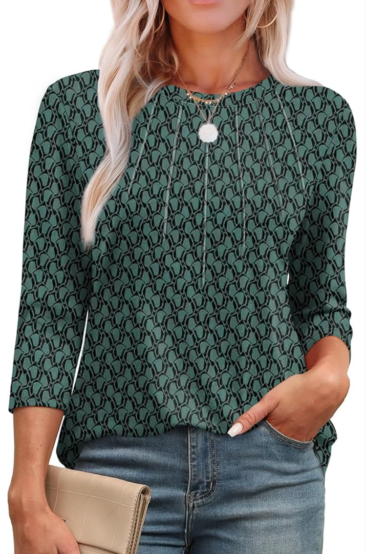 XIEERDUO 3/4 Length Sleeve Womens Tops Round Neck Casual Tunic Tops Basic Pleated Shirts Loose Fit 2025, Large