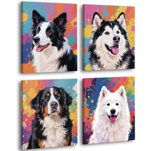 Framed Colorful Dog Canvas Wall Art, 8x10 Inch Set of 4 Pet Printing, Border Collie, Samoyed, Alaskan Malamute, Bernese Mountain Dog Prints