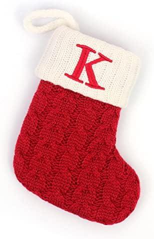 Christmas Stockings with Initials, 7.1 Inches Small Embroidered Letter Knit Red White Christmas Stocking for Family Holiday Decorations and Xmas Tree Fireplace (K)