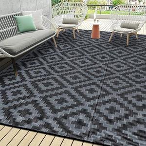 SAND MINE Waterproof Outdoor Rug 9x18 ft, Plastic Reversible Rug, Modern Area Rug, Large Floor Mat for Outdoors, RV, Patio, Backyard, Deck, Picnic, Beach, Camping, Black Grey Lattice