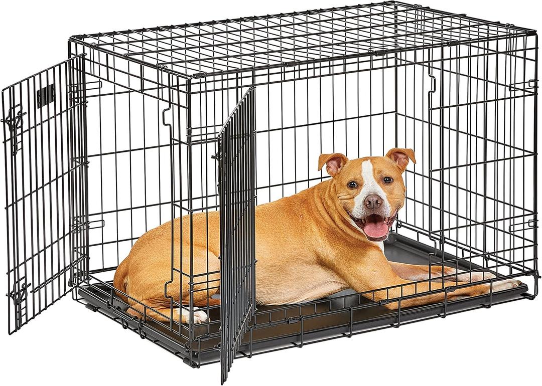 MidWest Homes for Pets Intermediate LifeStages Double Door 36-Inch Folding Dog Crate, Enhanced Security, Includes Leak-Proof Pan, Divider Panel, Handle, Rubber Feet (Black)