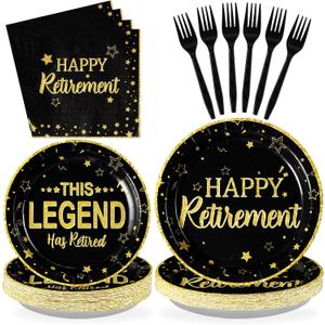 Grencian 96 Pcs Retirement Party Plates Black and Gold Happy Retirement Party Supplies Disposable Black and Golden Retired Tableware Set for Women Men Retiring Party Favors Serves 24