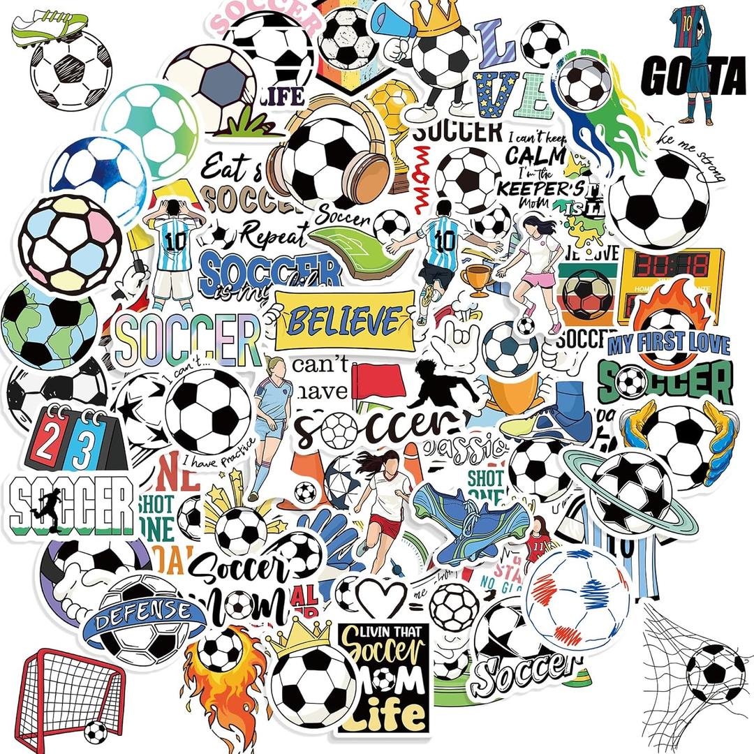 100 PCS Soccer Stickers, Vinyl Waterproof Sticker for Water Bottles Laptop Scrapbook, Soccer Gifts for Girls Boys, Soccer Party Favor and Christmas Stocking Stuffers for Kids (Multi)